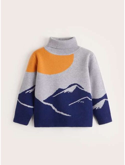 SHEIN Toddler Boys Turtleneck Mountain Pattern Sweater