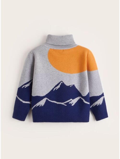 SHEIN Toddler Boys Turtleneck Mountain Pattern Sweater