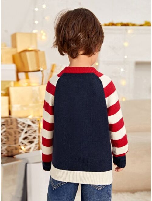 Shein Toddler Boys Stripe Snowman Pattern Raglan Sleeve Sweater