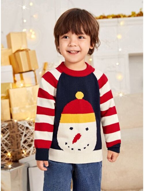 Shein Toddler Boys Stripe Snowman Pattern Raglan Sleeve Sweater