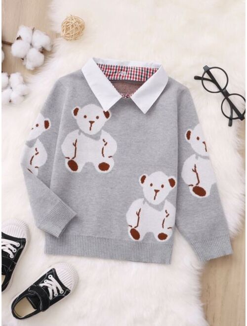 Shein Toddler Boys Bear Pattern Contrast Collar Sweater