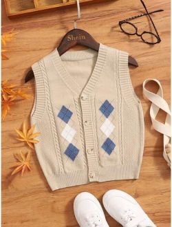 Toddler Boys Argyle Pattern Cable Knit Vest Cardigan