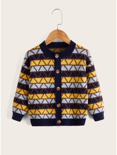 Shein Toddler Boys Geo Block Stripe Pattern Drop Shoulder Cardigan