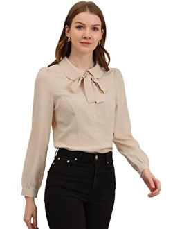 Women's Peter Pan Collar Chiffon Blouse Bow Tie Neck Puff Sleeve Button Up Shirt