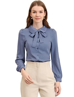 Women's Peter Pan Collar Chiffon Blouse Bow Tie Neck Puff Sleeve Button Up Shirt