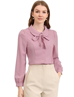 Women's Peter Pan Collar Chiffon Blouse Bow Tie Neck Puff Sleeve Button Up Shirt