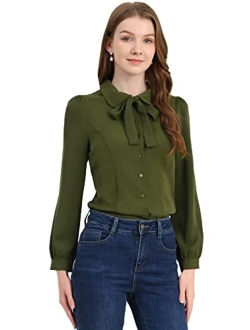 Women's Peter Pan Collar Chiffon Blouse Bow Tie Neck Puff Sleeve Button Up Shirt