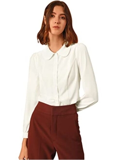 Women's Peter Pan Collar Chiffon Blouse Bow Tie Neck Puff Sleeve Button Up Shirt