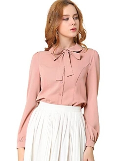 Women's Peter Pan Collar Chiffon Blouse Bow Tie Neck Puff Sleeve Button Up Shirt