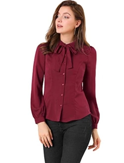 Women's Peter Pan Collar Chiffon Blouse Bow Tie Neck Puff Sleeve Button Up Shirt