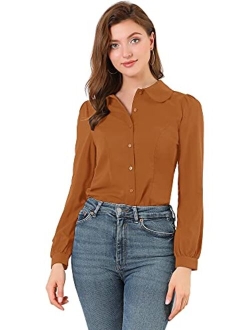 Women's Peter Pan Collar Chiffon Blouse Bow Tie Neck Puff Sleeve Button Up Shirt