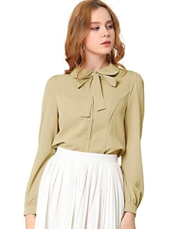 Women's Peter Pan Collar Chiffon Blouse Bow Tie Neck Puff Sleeve Button Up Shirt