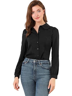 Women's Peter Pan Collar Chiffon Blouse Bow Tie Neck Puff Sleeve Button Up Shirt