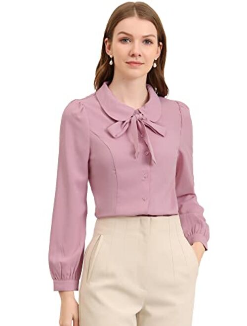 Allegra K Women's Peter Pan Collar Chiffon Blouse Bow Tie Neck Puff Sleeve Button Up Shirt