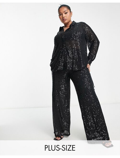 Vila Curve sequin wide leg pants in black - part of a set