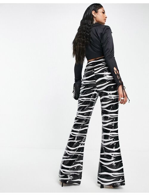 ASOS DESIGN sequin flare pants in zebra