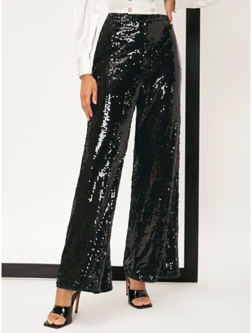 SHEIN BAE High Waist Contrast Sequin Wide Leg Pants