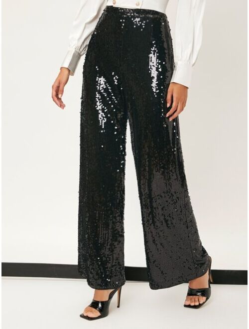 SHEIN BAE High Waist Contrast Sequin Wide Leg Pants