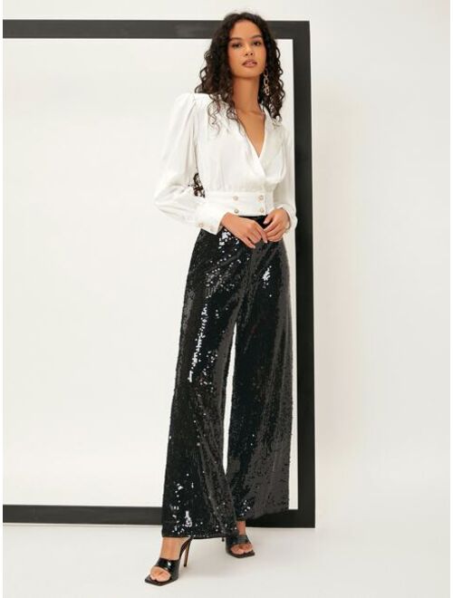 SHEIN BAE High Waist Contrast Sequin Wide Leg Pants