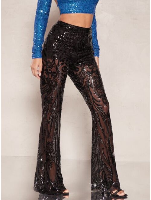 SHEIN BAE Sequin Sheer Flare Leg Pants