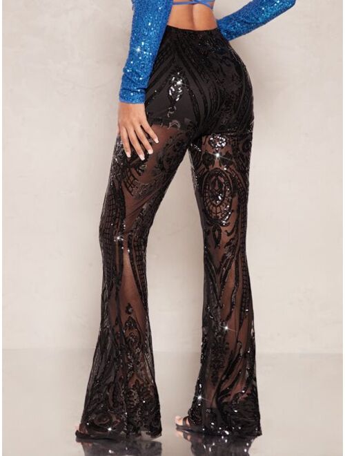 SHEIN BAE Sequin Sheer Flare Leg Pants