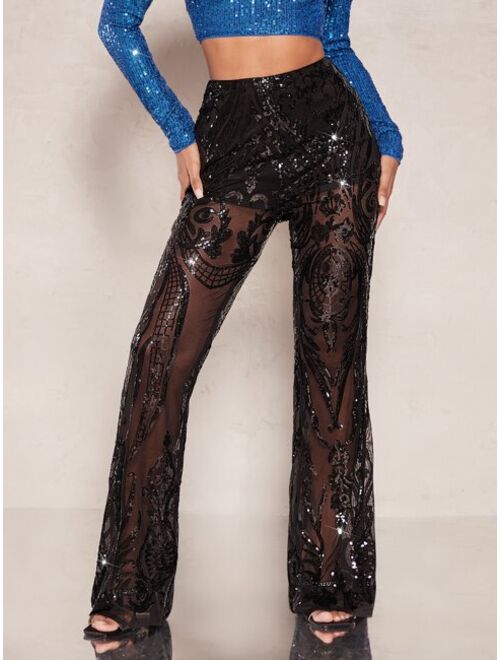 SHEIN BAE Sequin Sheer Flare Leg Pants