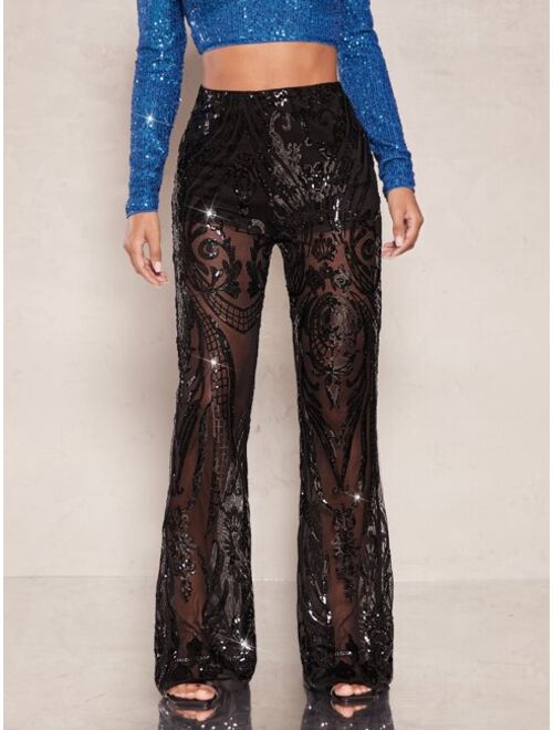 SHEIN BAE Sequin Sheer Flare Leg Pants