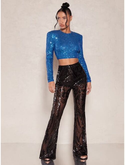 SHEIN BAE Sequin Sheer Flare Leg Pants