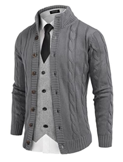 Men's Cardigan Sweater Slim Fit Stand Collar Cardigan Casual Cable Knitted Button Down Sweater with Pockets