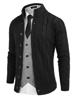 Men's Cardigan Sweater Slim Fit Stand Collar Cardigan Casual Cable Knitted Button Down Sweater with Pockets