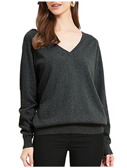 Kallspin Women's 100% Cotton Sweater Pullover Relaxed Fit V Neck Long Sleeve Fashion Knitted Jumper