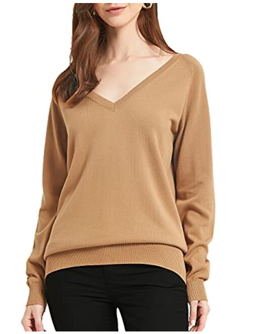 Kallspin Women's 100% Cotton Sweater Pullover Relaxed Fit V Neck Long Sleeve Fashion Knitted Jumper