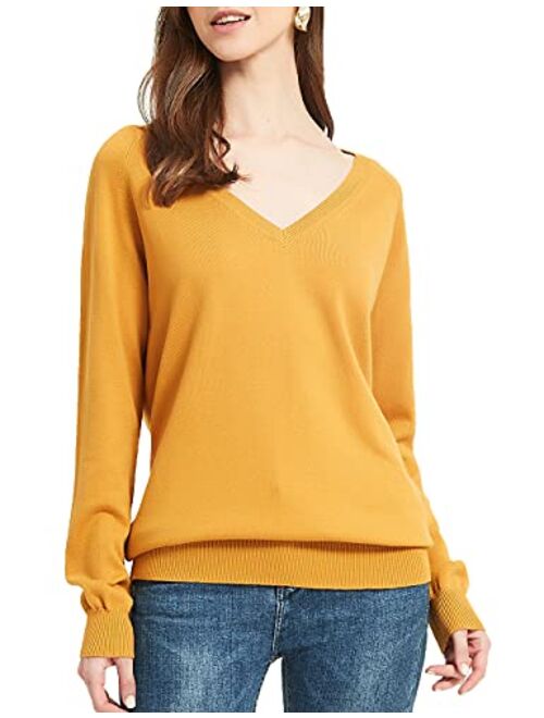 Kallspin Women's 100% Cotton Sweater Pullover Relaxed Fit V Neck Long Sleeve Fashion Knitted Jumper