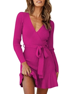 HUUSA Women's Sexy V Neck Wrap Sweater Dress Casual Long Sleeve Slim Bodycon Ruffle Hem Party Sweater Mini Dresses with Belt