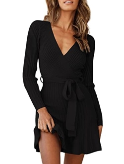 HUUSA Women's Sexy V Neck Wrap Sweater Dress Casual Long Sleeve Slim Bodycon Ruffle Hem Party Sweater Mini Dresses with Belt