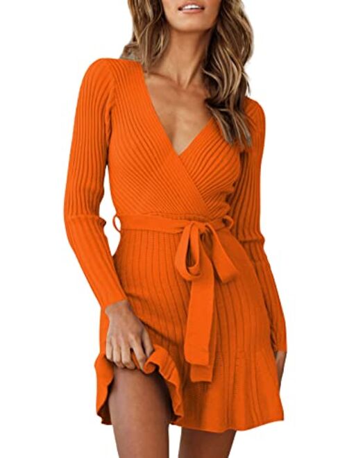 HUUSA Women's Sexy V Neck Wrap Sweater Dress Casual Long Sleeve Slim Bodycon Ruffle Hem Party Sweater Mini Dresses with Belt