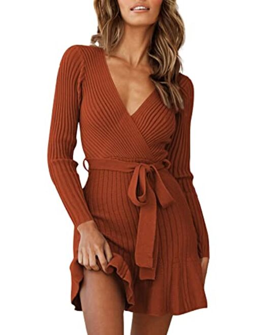 HUUSA Women's Sexy V Neck Wrap Sweater Dress Casual Long Sleeve Slim Bodycon Ruffle Hem Party Sweater Mini Dresses with Belt