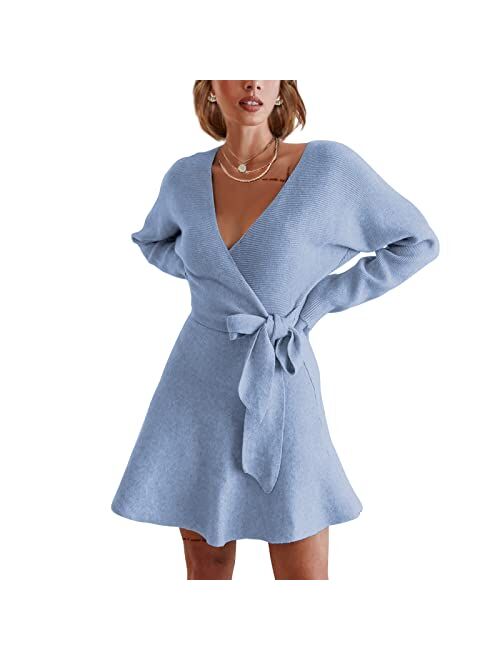 EXLURA Women's V Neck Ribbed Knit Mini Sweater Dress Long Sleeve Wrap Dresses with Belt