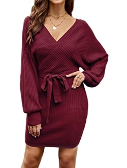 LUBOT 2022 Women Sweater Dress Sexy Mock Neck/V Neck Long Lantern Sleeve Bodycon Slim Knitted Pullover Dress