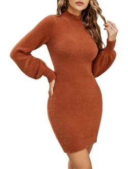 LUBOT 2022 Women Sweater Dress Sexy Mock Neck/V Neck Long Lantern Sleeve Bodycon Slim Knitted Pullover Dress