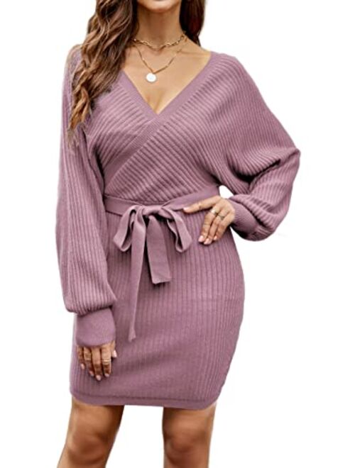 LUBOT 2022 Women Sweater Dress Sexy Mock Neck/V Neck Long Lantern Sleeve Bodycon Slim Knitted Pullover Dress