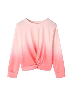 Girls Casual Twist Front Lightweight Sweatshirt Tie Dye Printed Long Sleeve Crop Tops Pullover