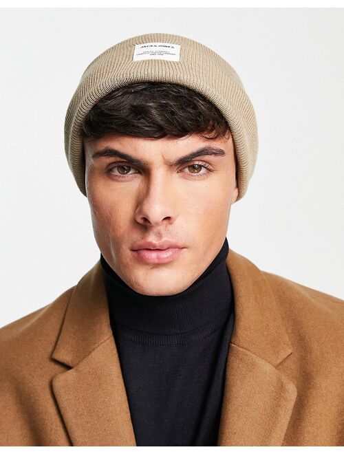 Jack & Jones oversized beanie with badge logo in brown