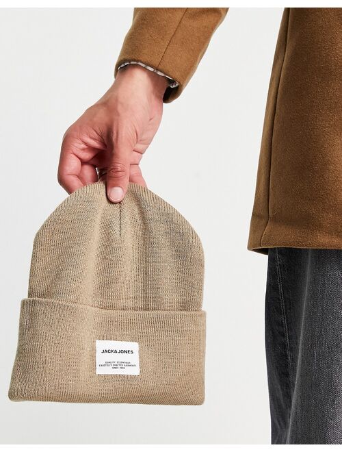 Jack & Jones oversized beanie with badge logo in brown