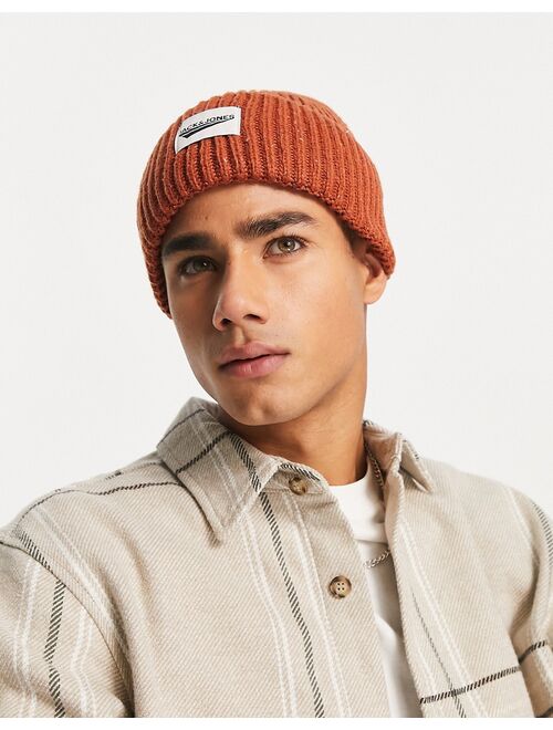 Jack & Jones chunky beanie in neppy yarn in burnt orange