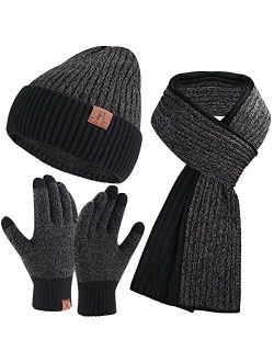 FZ FANTASTIC ZONE Men & Women Winter Knit Hat Beanie Long Scarf Touchscreen Gloves Set Skull Cap Neck Warmer Gloves Set with Fleece Lined