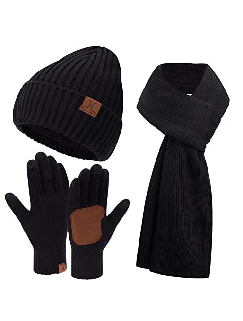 FZ FANTASTIC ZONE Men & Women Winter Knit Hat Beanie Long Scarf Touchscreen Gloves Set Skull Cap Neck Warmer Gloves Set with Fleece Lined