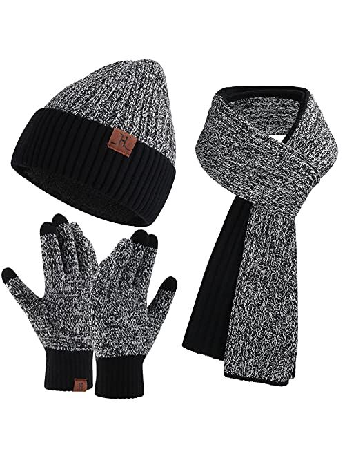 FZ FANTASTIC ZONE Men & Women Winter Knit Hat Beanie Long Scarf Touchscreen Gloves Set Skull Cap Neck Warmer Gloves Set with Fleece Lined