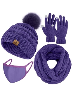 URATOT Winter Warm Knitted Sets Knitted Beanie Hat Scarf Face Cover Touchscreen Gloves Set for Men Women