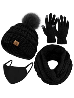 URATOT Winter Warm Knitted Sets Knitted Beanie Hat Scarf Face Cover Touchscreen Gloves Set for Men Women